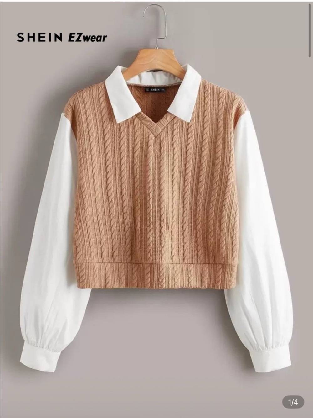 SHEIN Tan Cable-Knit V-Neck Sweater with White Shirt Sleeves